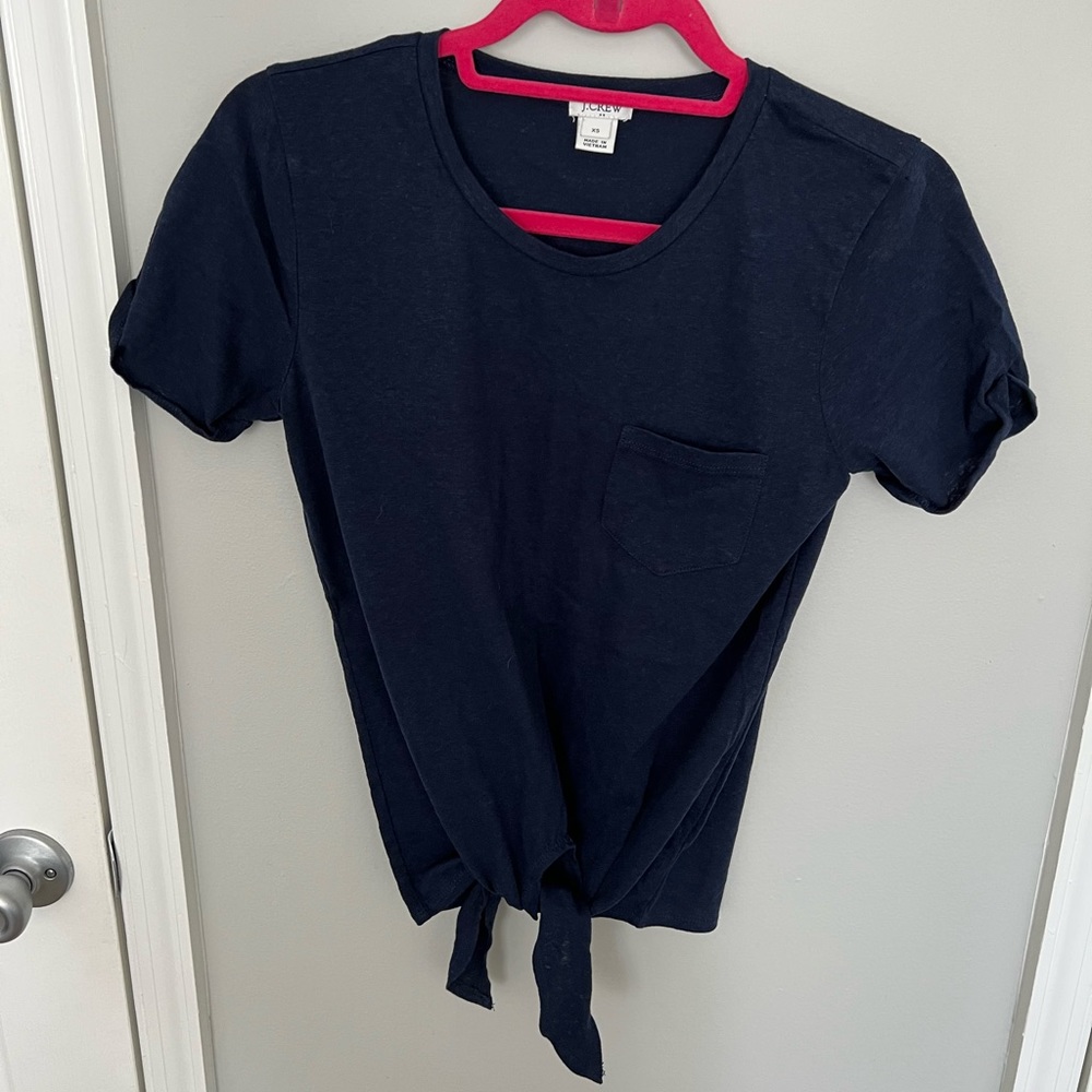 J Crew Tie Front Short Sleeve Navy Shirt